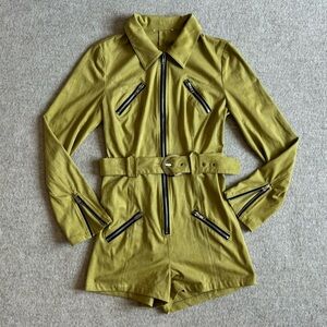 Olive green suede long sleeve romper with belt